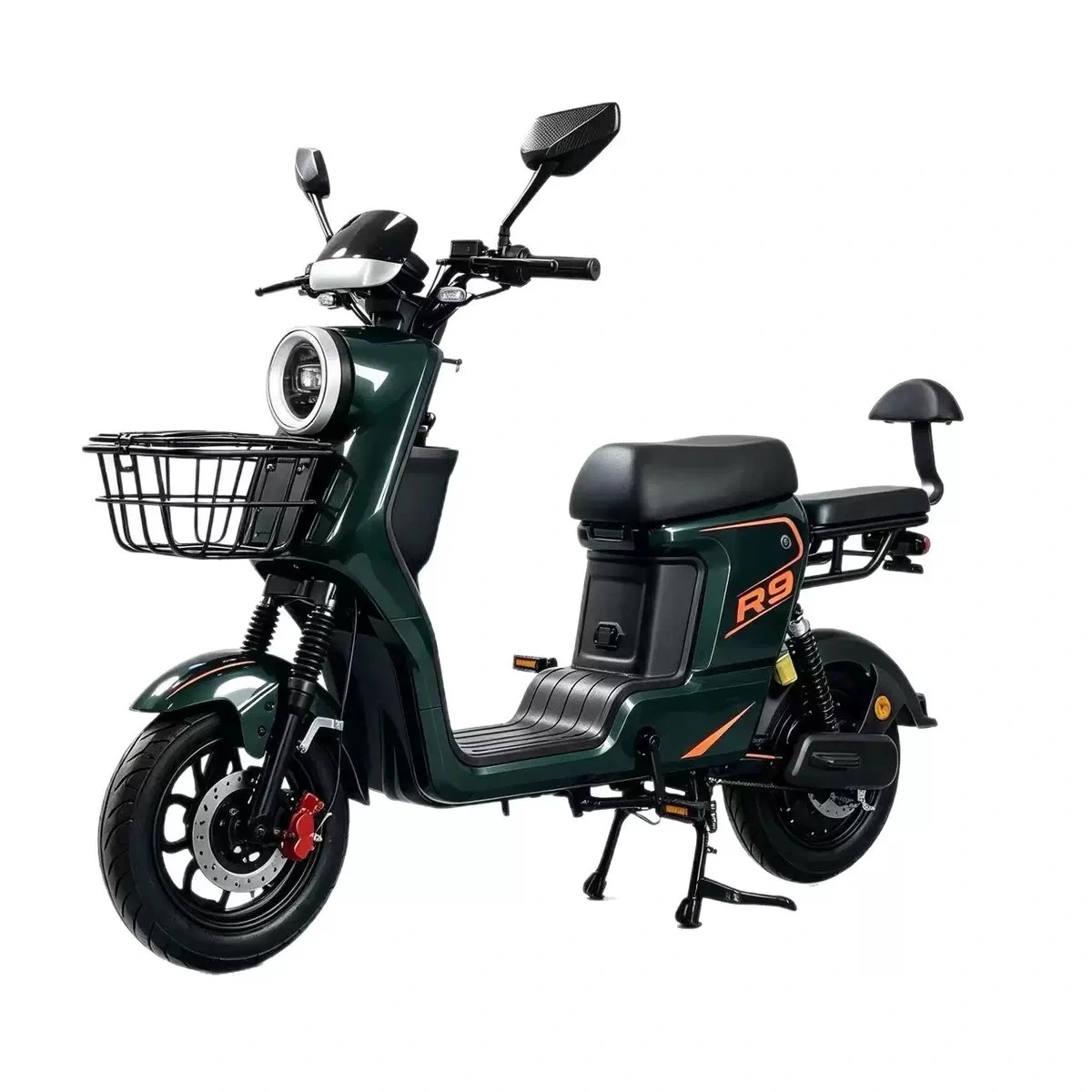 Green electric commuter model with front basket